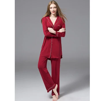 

Spring modal sexy pajamas set women red black navy solid long-sleeve nightdress + long pants pyjamas femme BF style