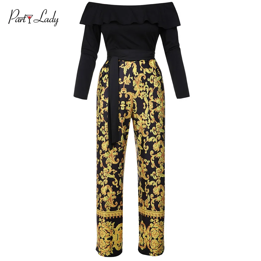 Party Lady Plus Size Loose Sexy Club vintage Women Jumpsuits  Digital Print Rompers Slash Neck Gold Color Full Length Rompers -D