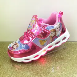 Девушки мультфильм кроссовки с подсветкой на осень-зиму Новый светодиодный модные детские Анна Принцесса повседневная обувь европейский