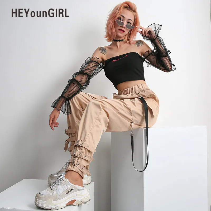 HEYounGIRL Streetwear Khaki Casual Cargo Pants Capris Women Elastic High Waist Joggers Buttons Fashion Hip Hop Long Trousers HEYounGIRL Streetwear Khaki Casual Cargo Pants Capris Women Elastic High Waist Joggers Buttons Fashion Hip Hop Long Trousers
