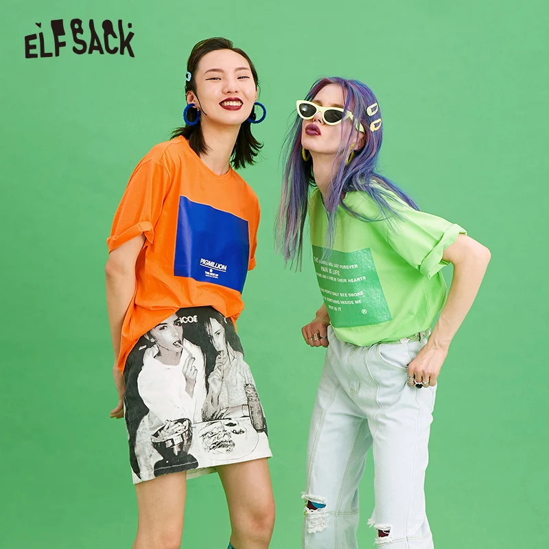 

ELF SACK Cotton Loose Women Tops Casual Korea Streetwear Oversized Female T-shirt Fashion Letter Print Femme T-shirts 2019 New