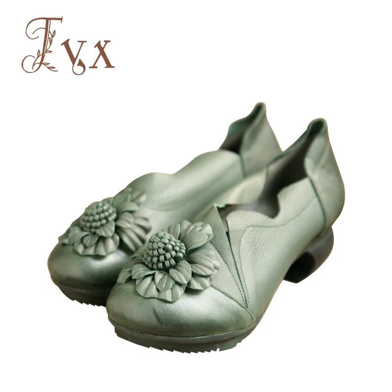 

Tayunxing genuine leather handmade shoes sheep skin shallow flower med heel women pumps retro comfort 936-20