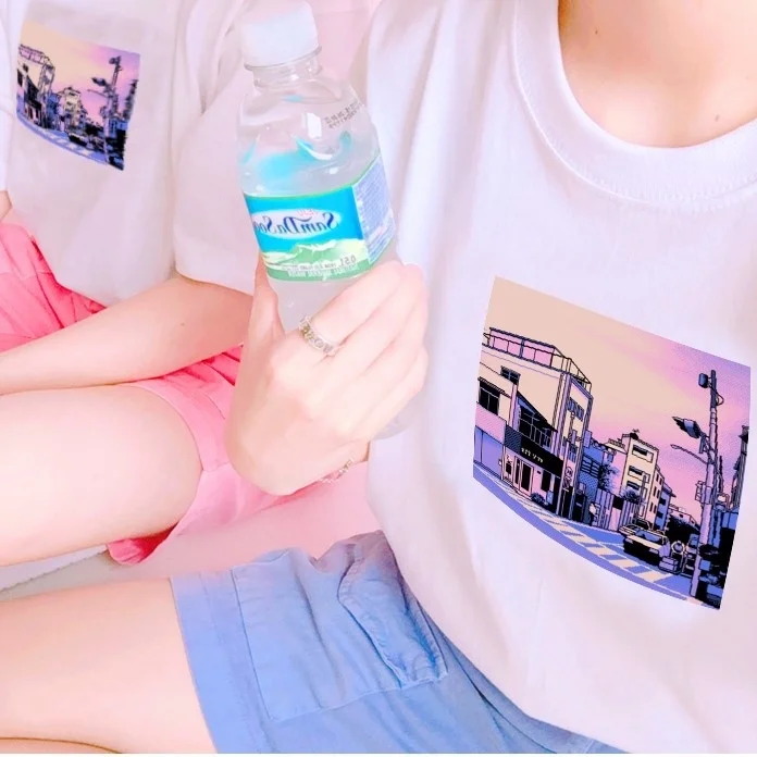 

kuakuayu HJN 8-bit Pixel Vaporwave City Aesthetic T-Shirt Kawaii Japanese Anime White Tee Harajuku Style Top