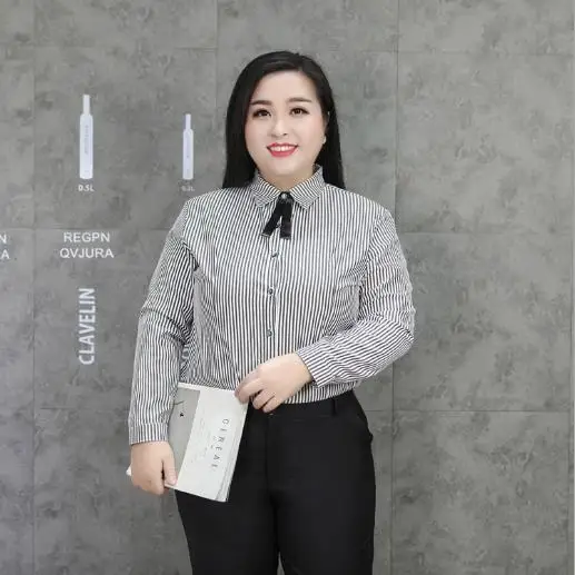 Пикантные Для женщин Blusas элегантные ботинки из органической кожи женская офисная одежда больших размеров 3XL-9XL в стиле ретро в мелкую полоску черно-белые блузки в деловом стиле топы J939