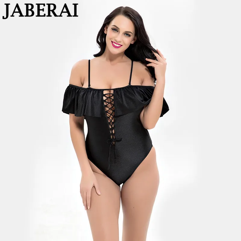 

JABERAI Large Size One Piece Swimwear Off Shoulder Swimsuit Women Push Up Bathing Suit Ruffle Monokini Solid Female Bodysuit
