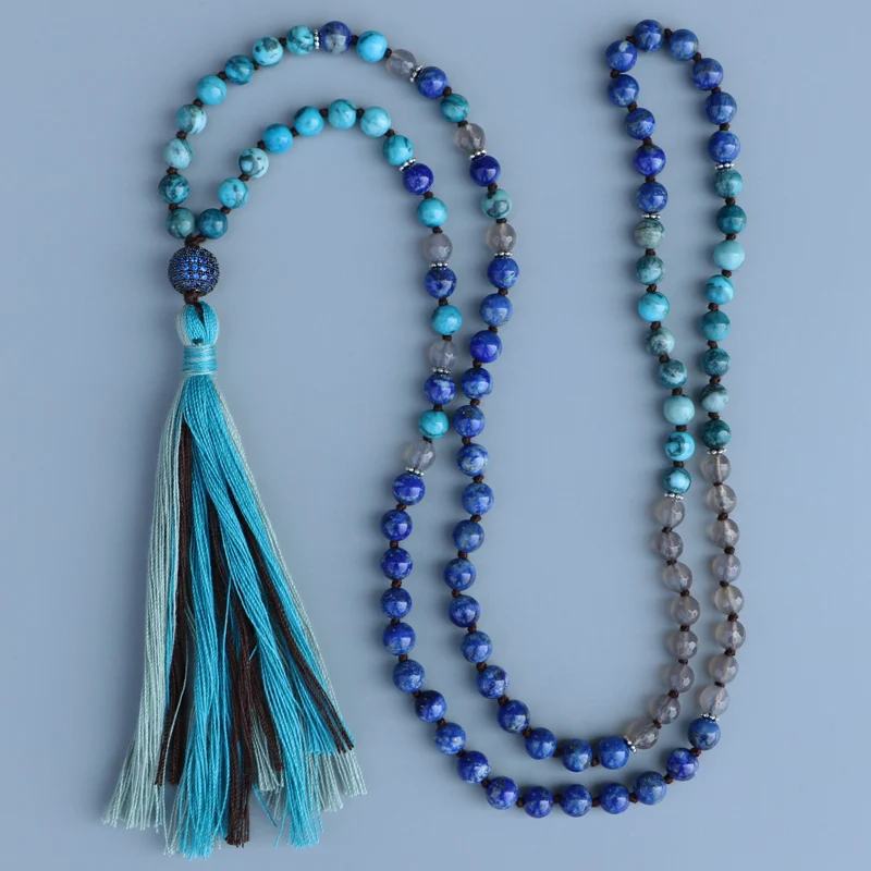 

EDOTHALIA New CZ Ball Pendant Necklace Women Girls 6MM Lapis Lazuli Beads Tassels Mala Necklaces