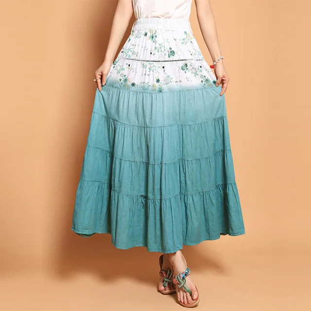 Stitching Fashion Patchwork Cotton Skirts Pleated Floral Print Women