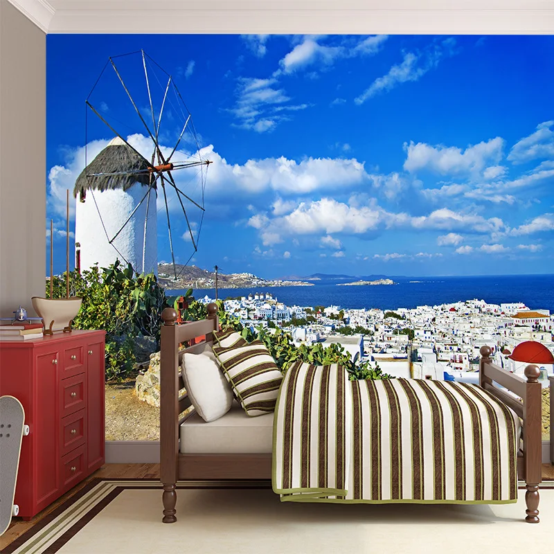 

Wonderful natural scenery wallpaper of pure blue sky clouds town extension space decor wall living room bedroom sitting room