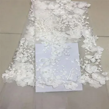 

African French Lace Fabric with 3D flowers High Quality African Tulle Lace Fabric with beads 5yards white lace fabric HJ554-1