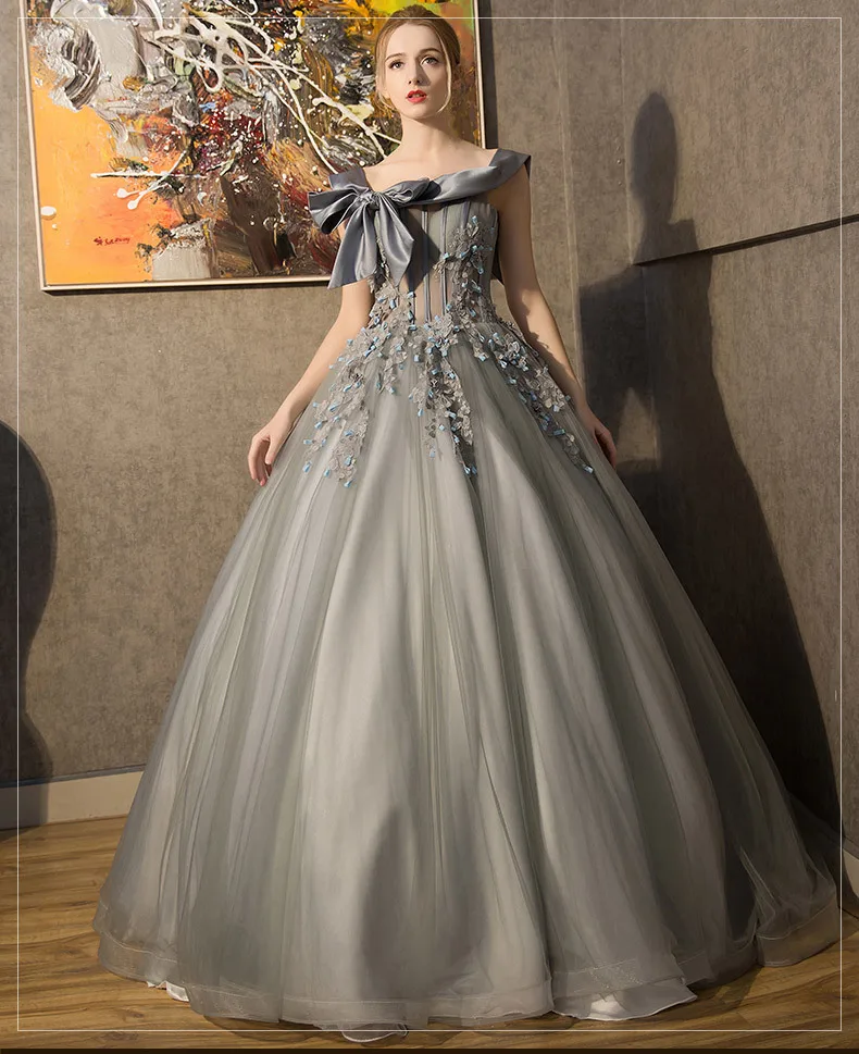 

Hot Grey Bowknot Collar Beading Veil Ball Gown Medieval Renaissance Gown Victorian Antoinette Colonial Belle Ball