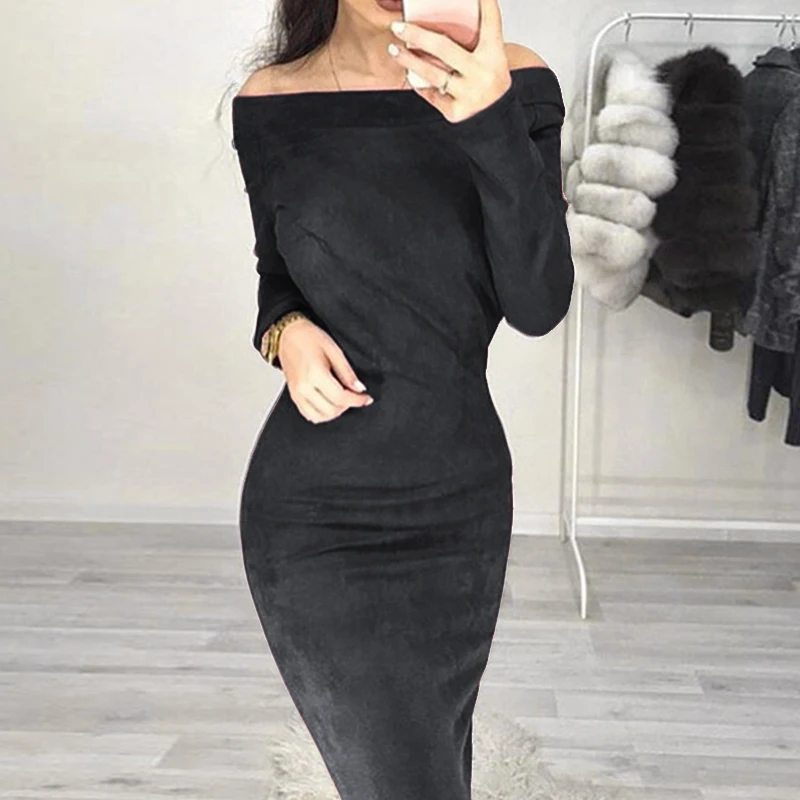 2018 Sexy Bodycon Off Shoulder Autumn Winter Women Dress Female Womens Holiday Party Casual Dresses Femme Solid Color Vestidos