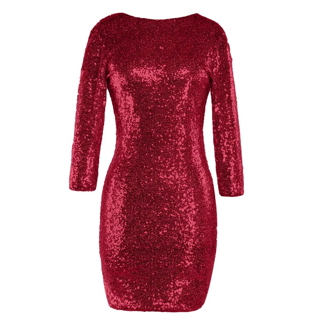 Женские вечерние платья с длинным рукавом и блестками, винтажное облегающее сексуальное платье, костюм для вечеринки, зимние платья - Цвет: Красный