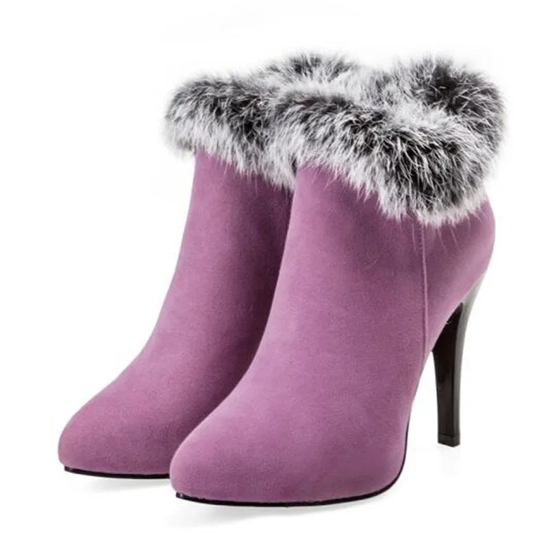 

New pattern winter Rabbit's hair High-heeled Short women boots white Cashmere Keep warm Sharp head Wedding boots plus size 34-45