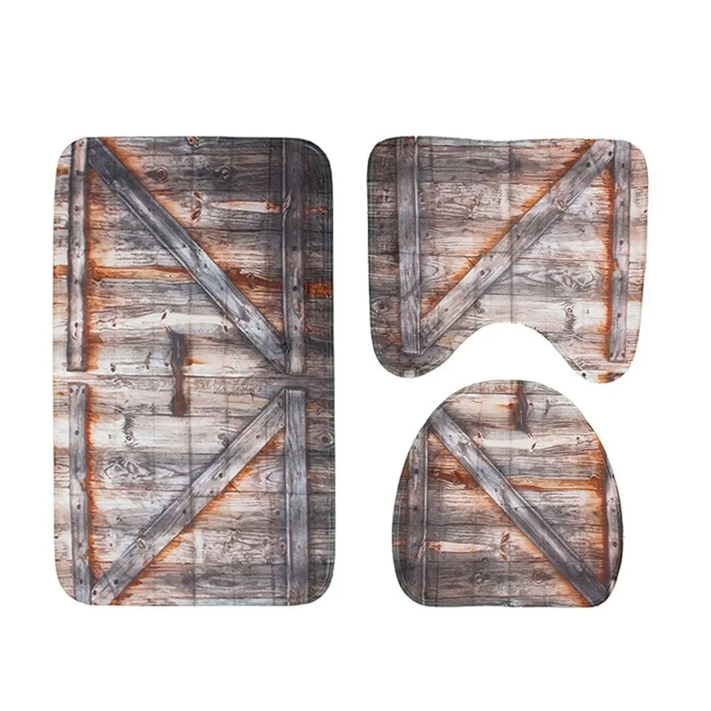 

Printed Toilet Seat Three-piece Floor Mat 3 Sets Of Bathroom Non-slip Pad Wooden Door Three-piece