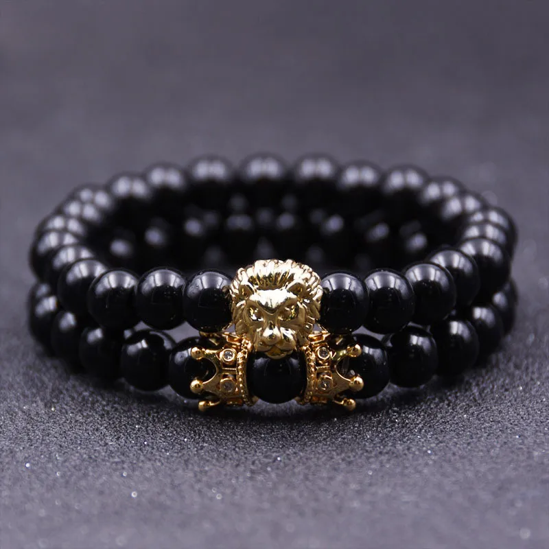 

2pcs/set 8MM Natural Stone Crown Lion Bracelet Men Fashion Couple Stone Bead Charm Bracelet For Men Women Jewelry Accessories