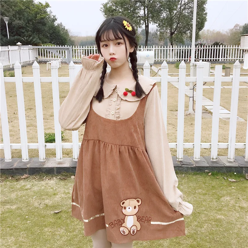 Милые вышитые поддельные платья из двух частей женские Япония Kawaii Ulzzang офисные