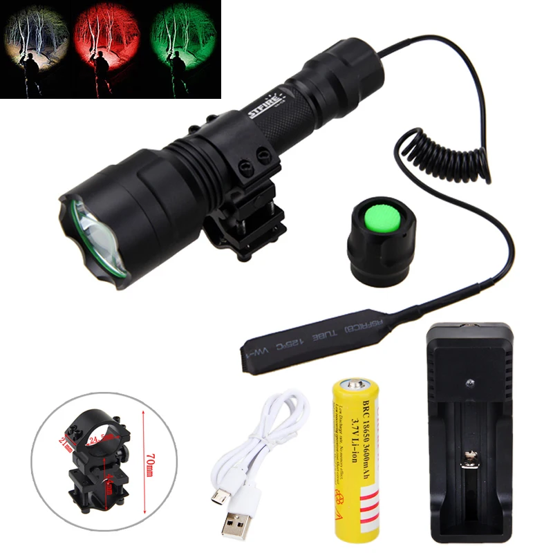 Baratos Linterna táctica 2500lm T6 blanca Q5 verde roja linterna de caza + soporte de alcance + interruptor de presión + batería 18650 + cargador