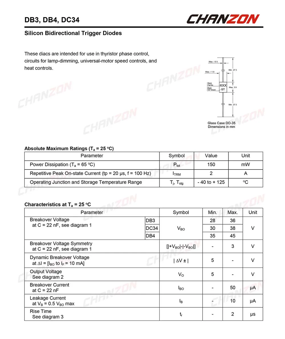 100 шт.) двухнаправленный триггерный диод DB3 DIAC 2A 32 в 150 мВт DO-35(DO-204AH) DB-3 осевые диоды кремния DB 3