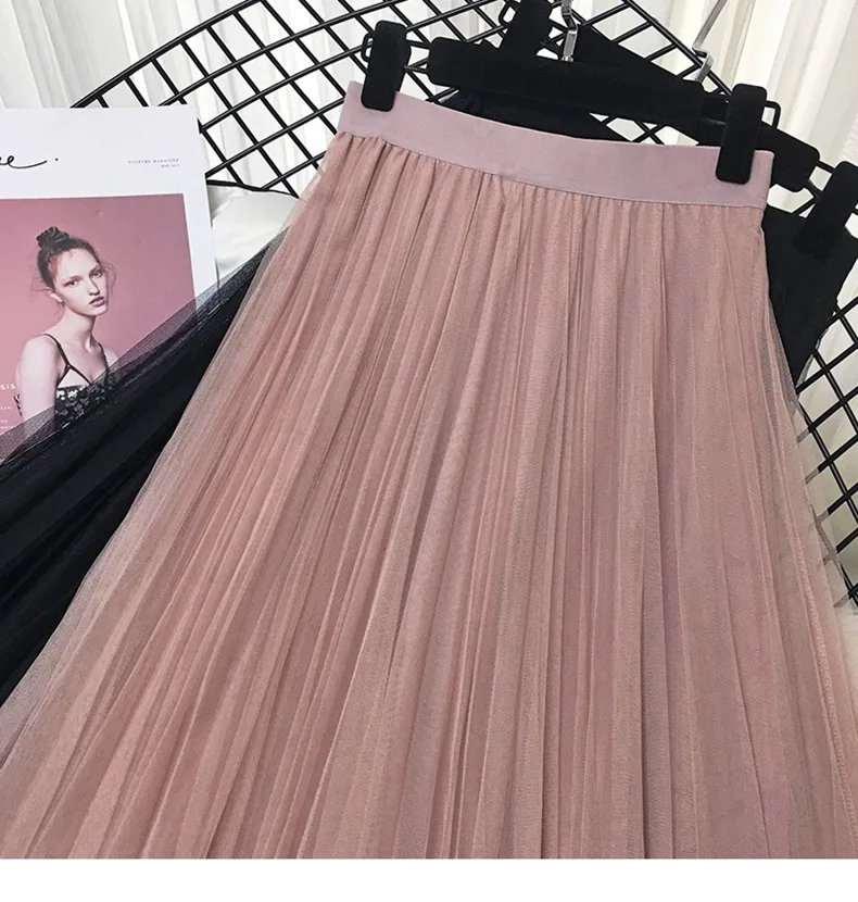 Весенняя летняя винтажная юбка Женская эластичная юбка из тюля с высокой талией длинная Плиссированная Юбка-пачка Женская юбка Jupe Longue