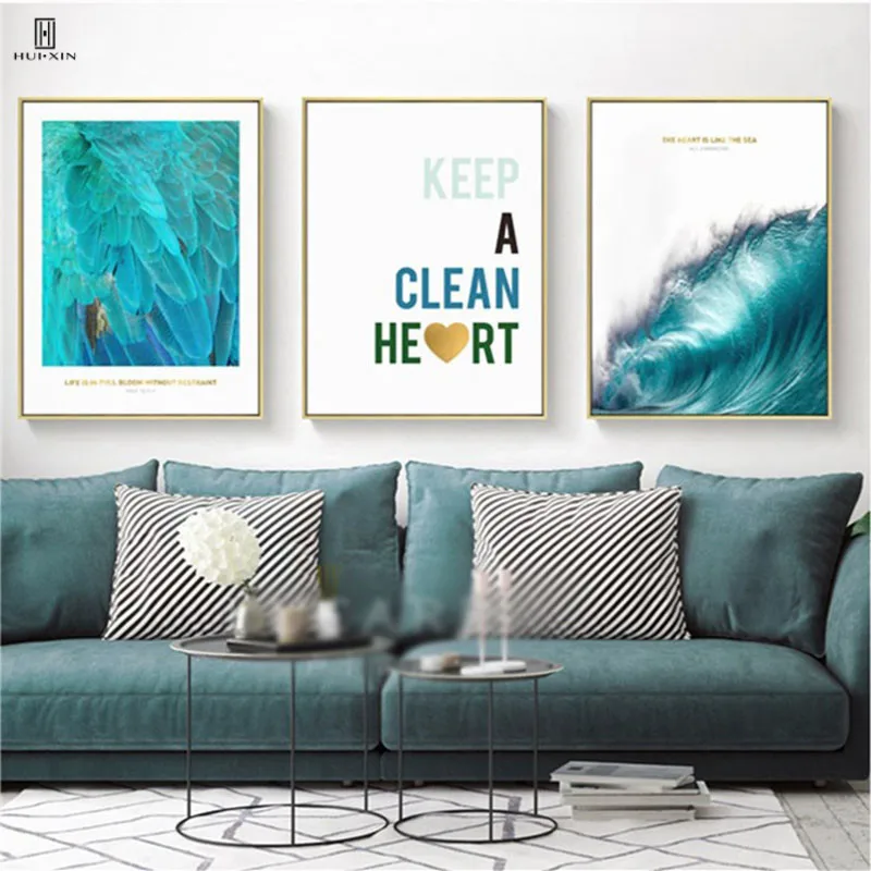 

Modern Concise Decorative Canvas Art Posters Paintings Of The Blue Sea Roaring Waves The Gradient Color Letter For Room Decor