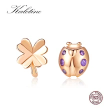 Kaletine, модные 925 пробы серебряные серьги-гвоздики с изображением божьей коровки и листьев для женщин, милые серьги в виде животных, розовое золото, ювелирное изделие, подарок для девочки