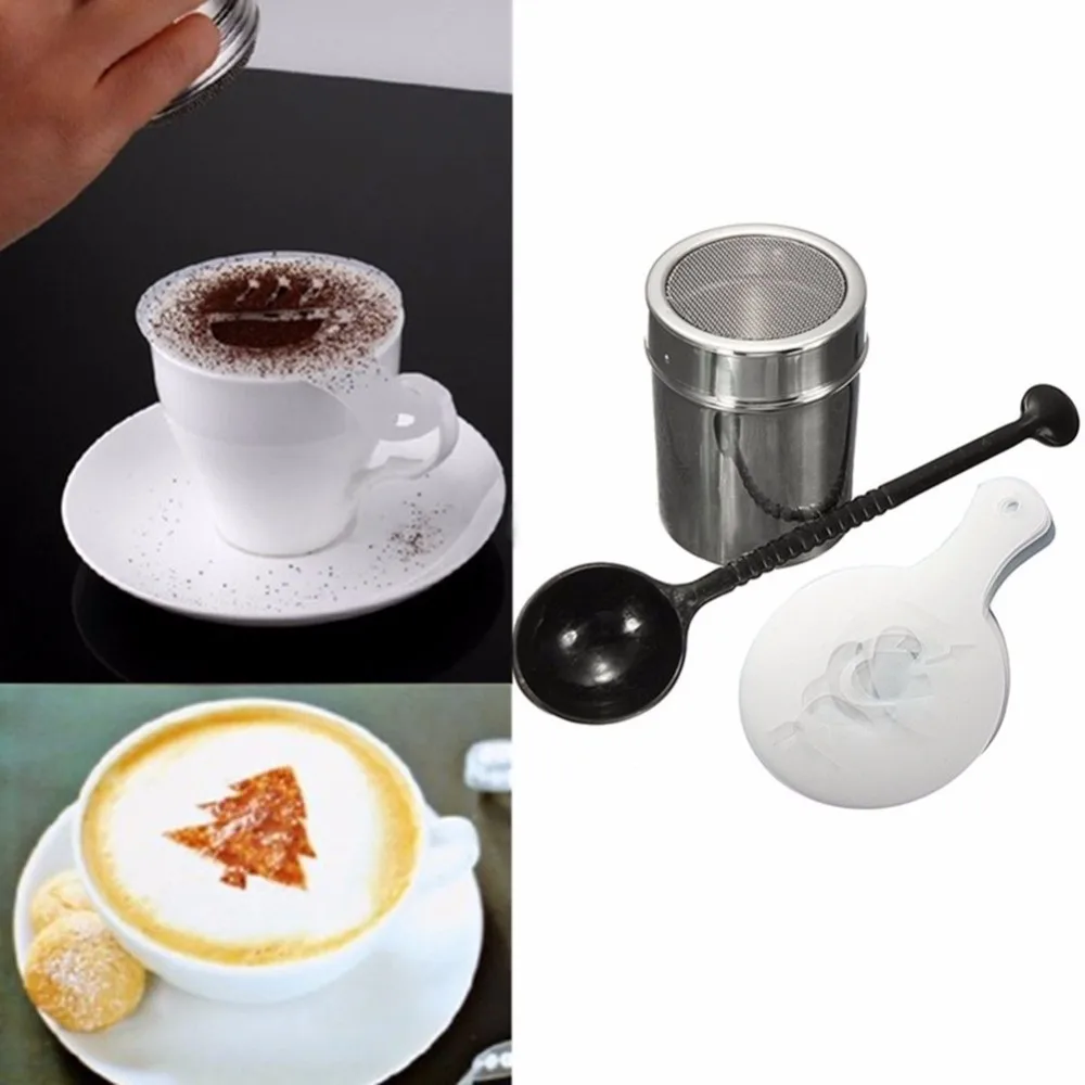 Шейкер для кофе и шоколада из нержавеющей стали+ 16 шт трафареты для кофе капучино+ Измерительная чайная и кофейная ложка инструменты