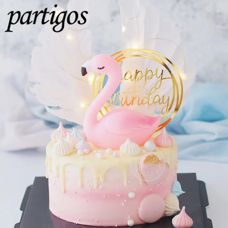 1pcs pink flamingo cake topper Happy Birthday Cake Decoration Flamingo Party Decor wedding deco BabyShower summer party supplies