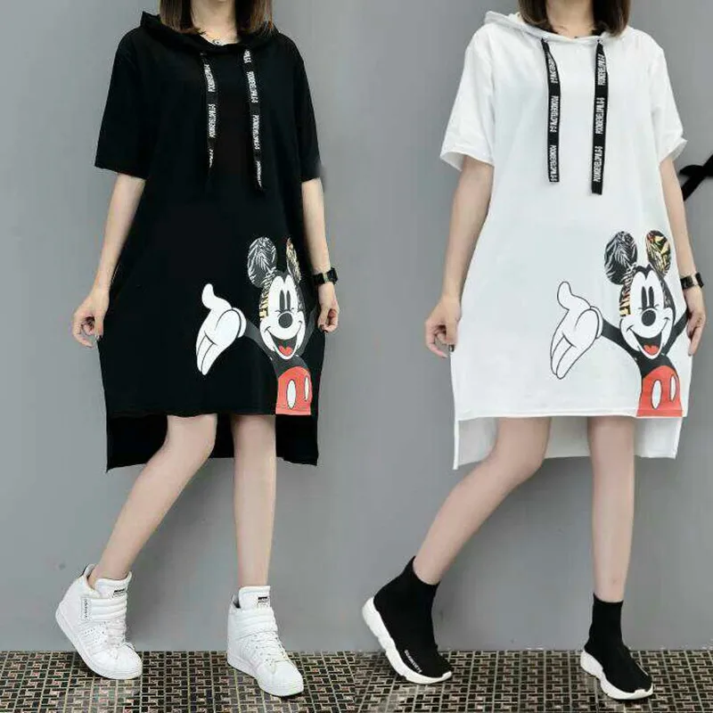 

Minnie Mouse printing Dresses Cosplay Costumes summer Female high quality fashion loose large size Short-sleeved Hooded skirt