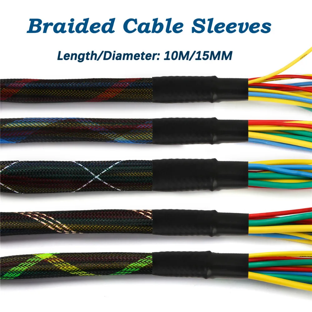 Braided Cable Sleeves 10M 15mm 5 Colors Wire Gland Protection Braided