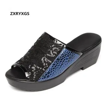 

2020 Spell Color Sequins Mesh Rhinestones Summer Shoes Woman Fashion Sandals Slippers Wedges Genuine Leather Sandals Women Shoes