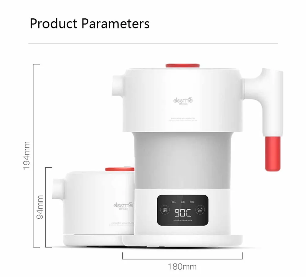 Deerma складной электрический чайник 0.6л, портативный чайник для воды, температурный дисплей, Smart Touch управление, изоляционный горшок