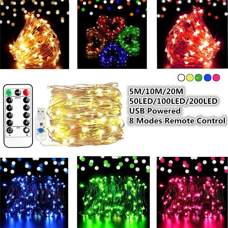 

5M 10M 20M Led Light Chain Copper Wire USB Powered Led String Lights 8 Modes Fairy Lights For Christmas Lights Wedding Party