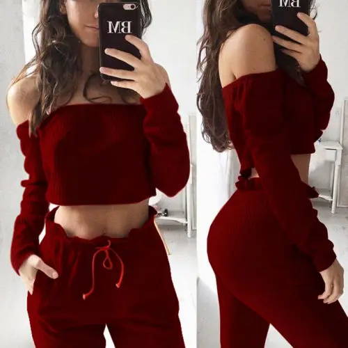 2Pcs Women Crop Top Blouse Off Shoulder Shirt Pants