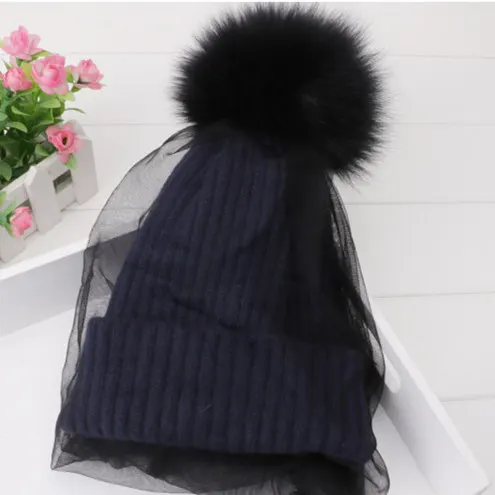 2019 New Faux Fur Pom Pom Hat Mesh Lace Beanies Cap Winter Warm Knitted Hats For Women Fashion Veil  Skullies Caps 5