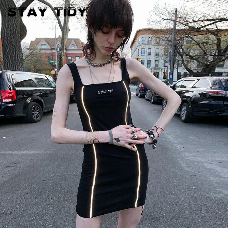 

STAY TIDY Side Stripes Reflective Letter Embroidery Bodycon Dress 2019 Summer Women Black Sleeveless Mini Party Club Streetwear