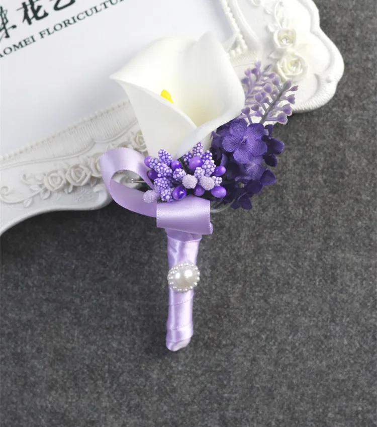 Boutonniere JaneVini белая Калла Лилия Свадебный букет лаванды фиолетовые Искусственные цветы букеты невесты держатель ленты Свадебные бутоньерки - Цвет: Boutonniere