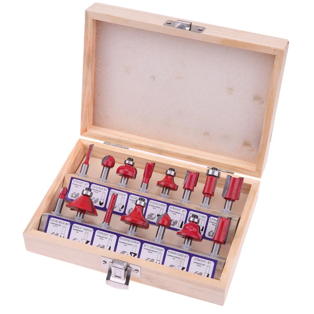 

High Quality 15pcs Router Bit Set Kit Professional Shank 1/4 Tungsten Carbide Rotary Tool Wood Case Box