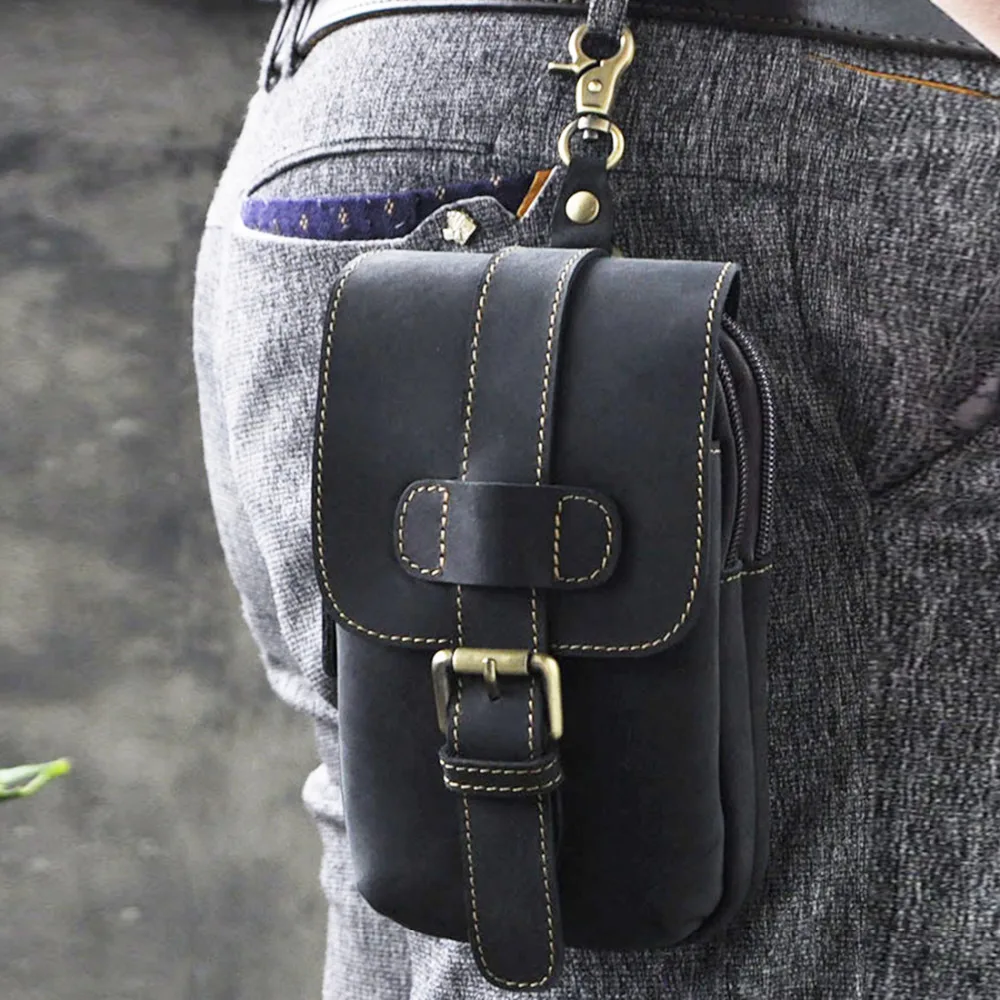 Men Real Genuine Leather Belt Bag Fanny Waist Pack Cellphone Purse Mobile Case