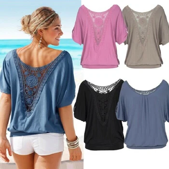 

Women Short Sleeve Tops Hollow Lace Back Casual Loose Blouse Tops IK88