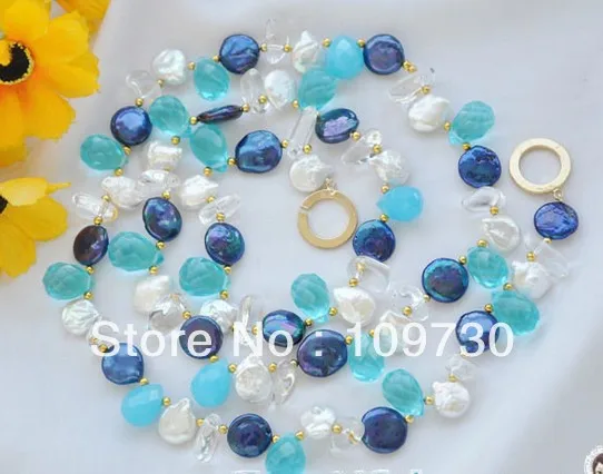 

Jewelry 001683 35" white blue coin pearl Citrine crystal drip Faceted NECKLACE
