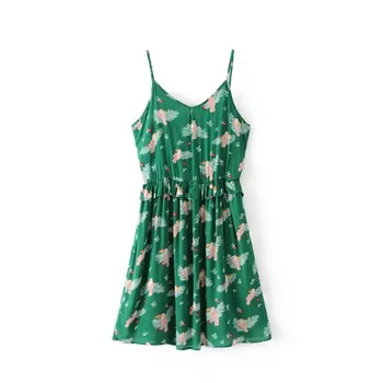 

summer new European station birds printed lotus leaf harness dress women, wild temperament comfortable pastoral style dress