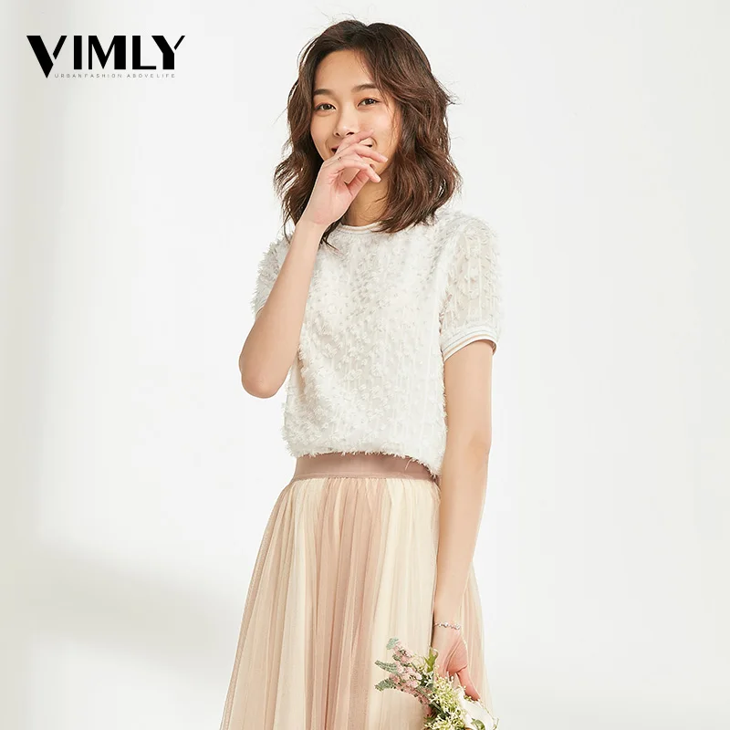  Vimly Women Lace Jacquard Blouse Shirts Summer Short Sleeve Solid Tops Women Elegant Romantic Blous