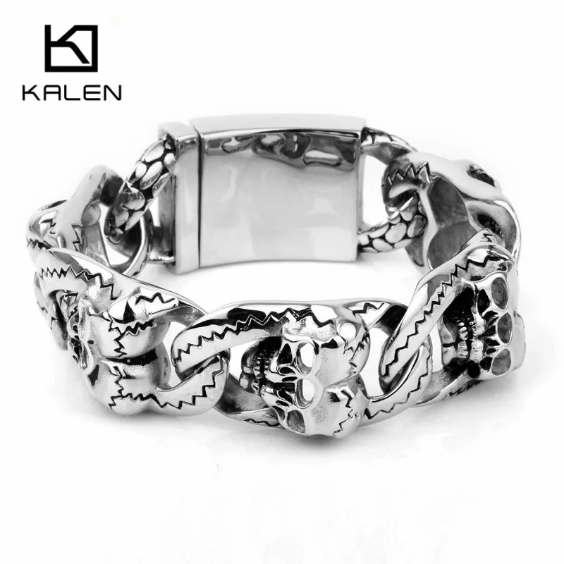 2016 Kalen New 316L Stainless Steel Heavy Chunky Chain Bracelets Punk Rock Double Skull Heads Bracelets