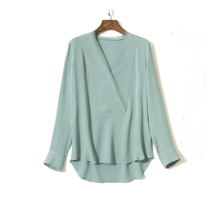  100% Silk Blouse Women Shirt Graceful Style Mint Color V Neck Long Sleeve Simple Design Office Top 