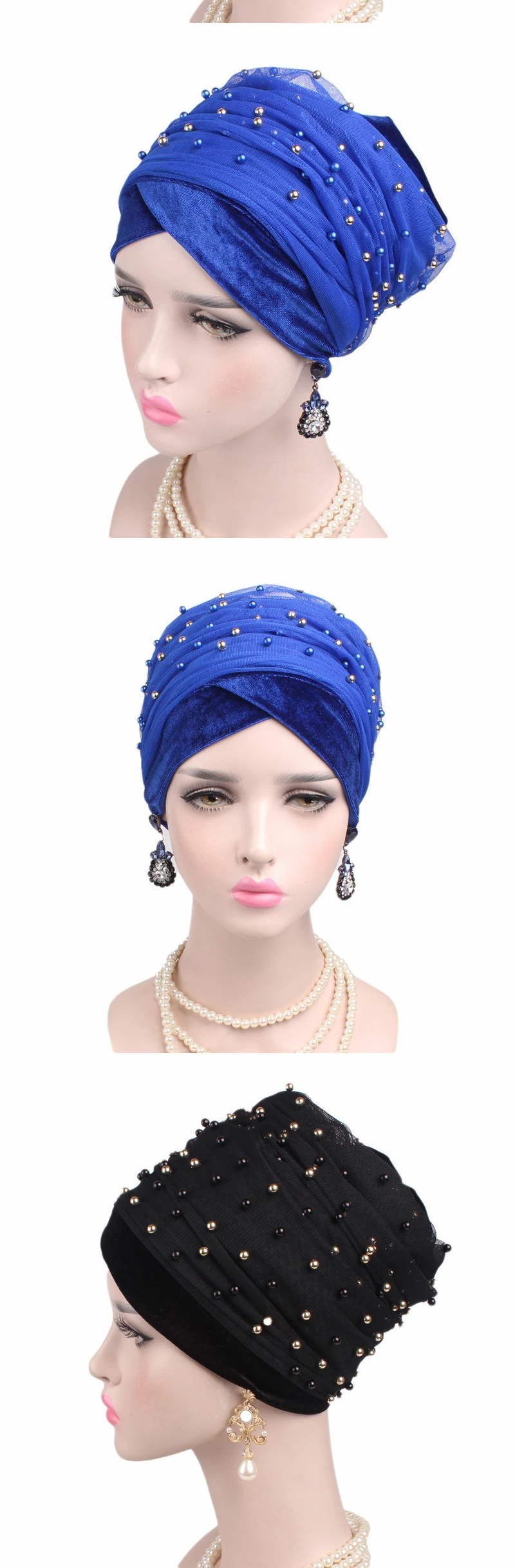 Новое поступление, сетчатый бархатный мусульманский платок с жемчугом, хиджаб с рюшами, элегантный тюрбан, мягкие удобные шапочки, головной убор для мамы