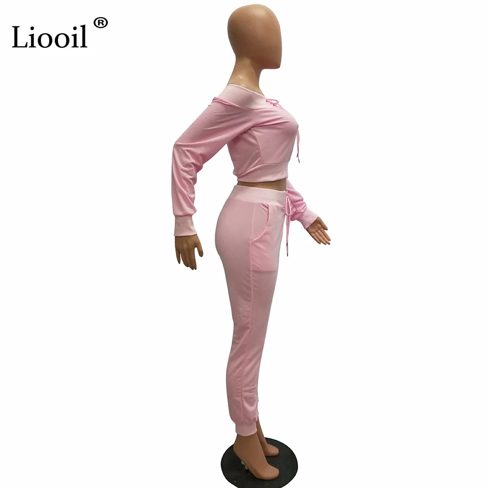 Liooil Off Shoulder 2pcs Active Set Women Outfits Sweatshirt Long Sleeve Crop Top And Pants Lace-Up Track Suits Woman Sets