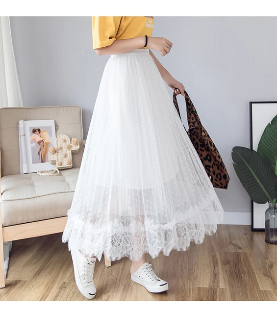 Tingyili Kant Tule Rok Koreaanse Stijl Elegante Maxi Rok Zwart Wit Grijs Roze Vrouwen Rok Lange AliExpress