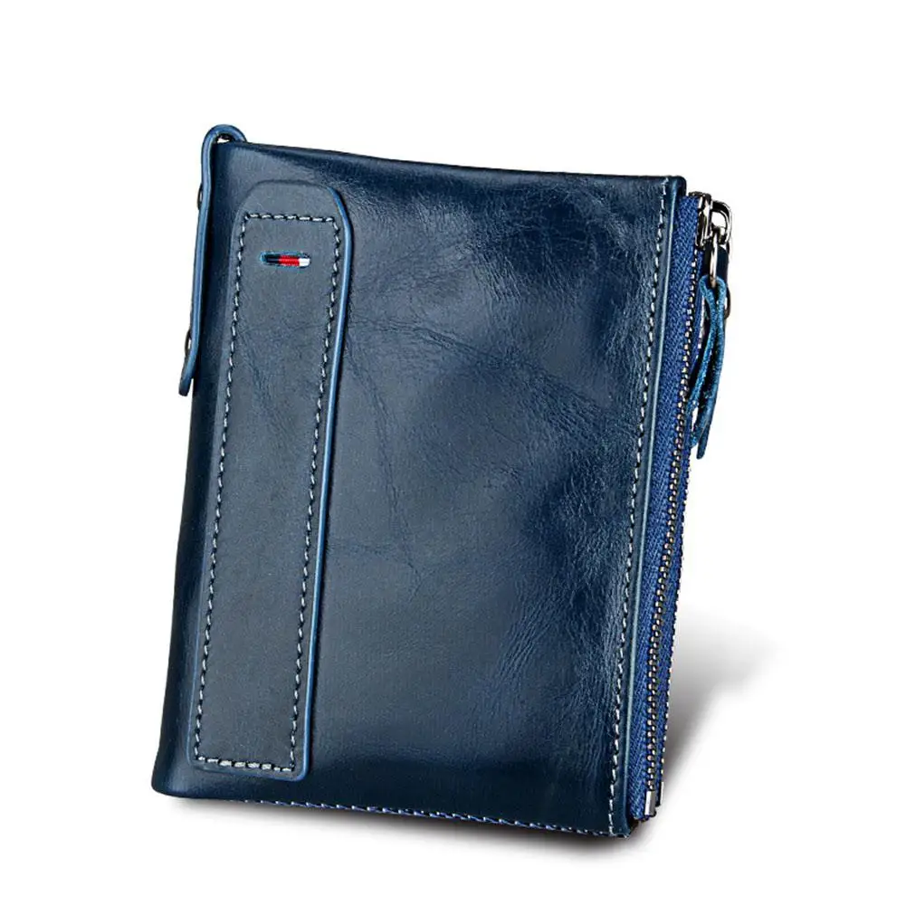 Banabanma Genuine Wallet Cowhide Leather Men Wallets Double Zipper Short Purse Coin Pockets Anti RFID Card Holders Wallet Men 40 - Цвет: blue