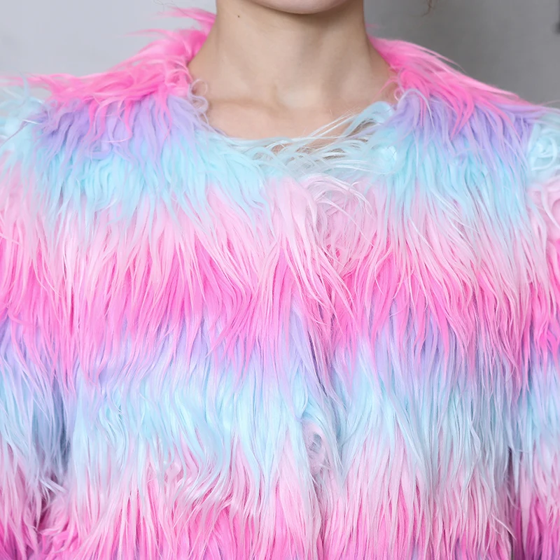Nerazzurri, Радужное пальто из искусственного меха, Женская мода, зимняя цветная пушистая мохнатая Меховая куртка размера плюс, разноцветная Меховая куртка 5xl 6xl