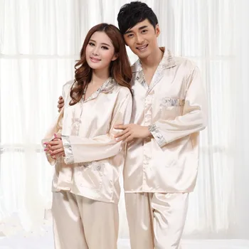 

Spring Autumn Men Sleepwears Faux Silk Pajamas Sets Lovers Satin Silk Bronzing Solid Nightwear Sleepwear For Women